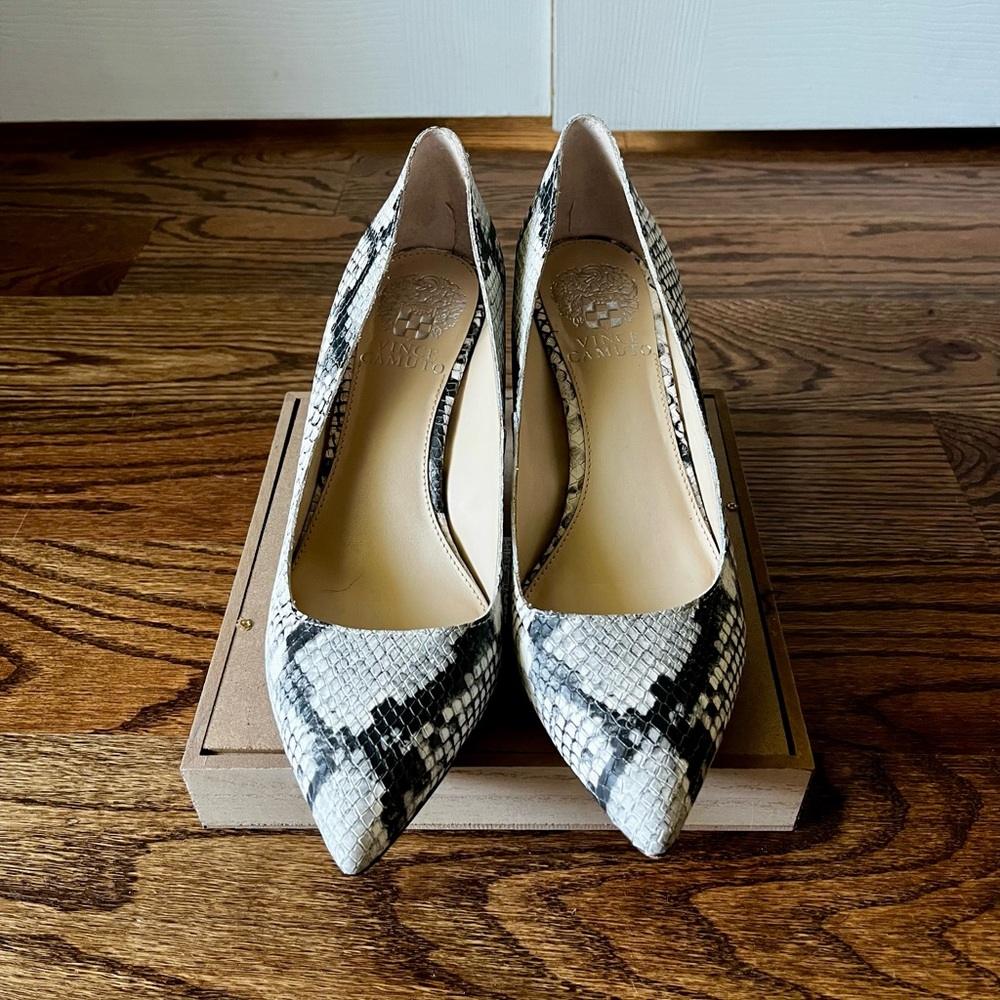 Vince Camuto Black and Ivory Snakeskin Heels